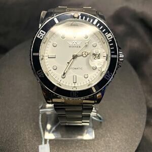 WINNER Men’s Automatic Watch Date Silver SS Bracelet White Dial 42mm Pro Diver